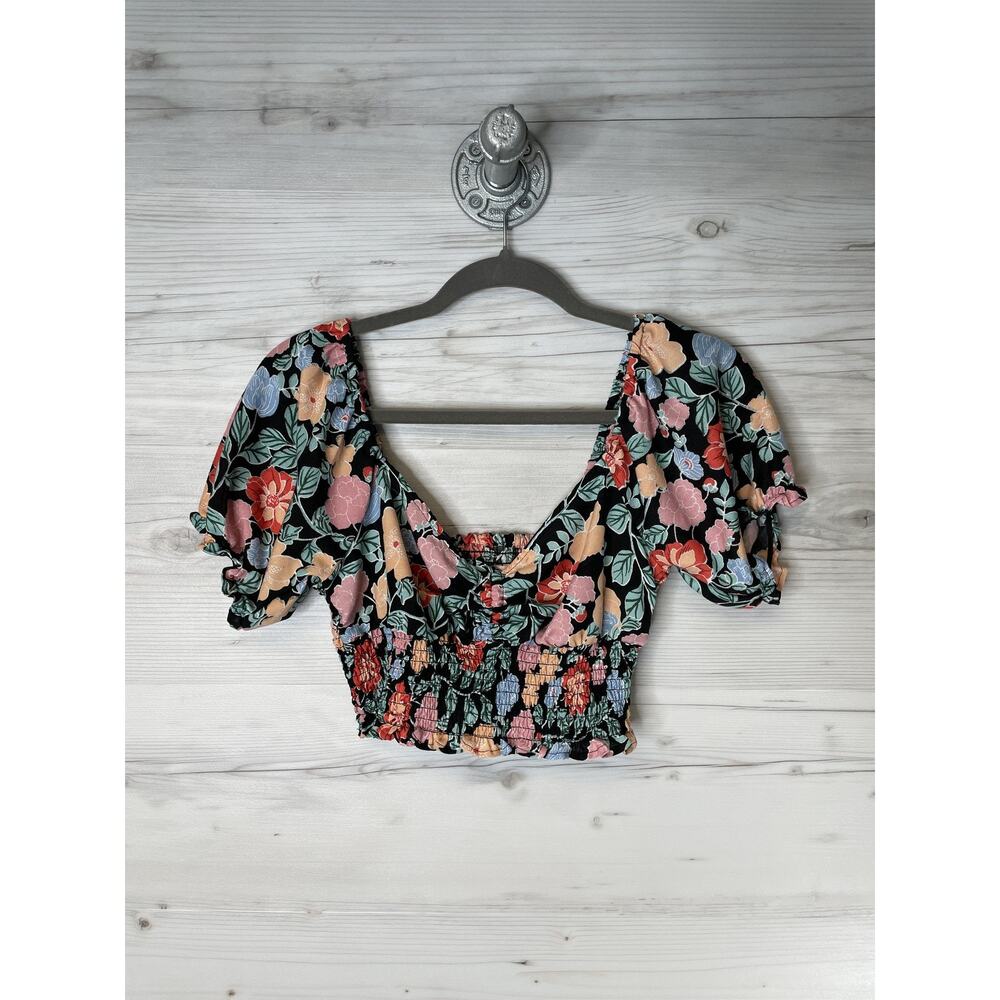 B.O.G‎ Collective Blouse Womens Medium Black Floral Puff Sleeve Smocked Crop